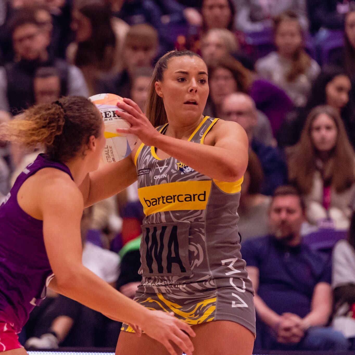 Taken during the Netball Super League game between Loughborough Lightning and Leeds Rhinos at the Sir David Wallace Arena, Loughborough, England on 19th March 2023.