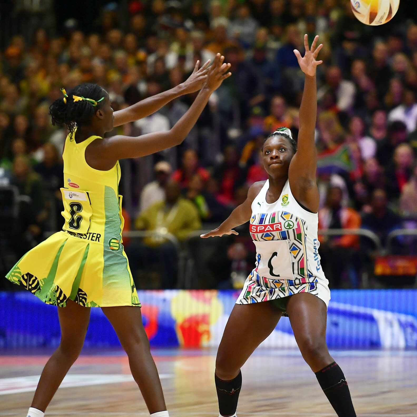 CAPE TOWN, SOUTH AFRICA - JULY 30: Nicole Dixon-Rochester of Jamaica and Khanyisa Chawane of South Africa during the Netball World Cup 2023, Pool C match between Jamaica and South Africa at Cape Town International Convention Centre Court 1 on July 30, 2023 in Cape Town, South Africa. (Photo by Ashley Vlotman/Gallo Images/Netball World Cup 2023)